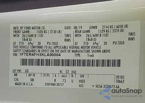 2019 Ford Ranger Lariat из США, поврежденный, VIN 1FTER4FH3KLA90004